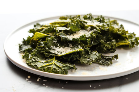 close up of kale chips with parmesan on a white plate, created with generative aiの素材