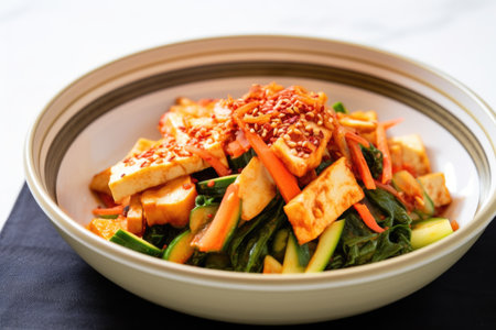 kimchi mixed with sliced tofu in a salad, created with generative aiの素材