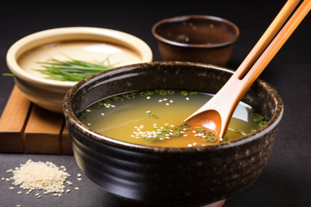 miso soup in a ceramic bowl with a wooden soup spoon, created with generative aiの素材
