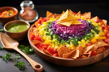 rainbow nachos with various colored tortilla chips, created with generative aiの素材