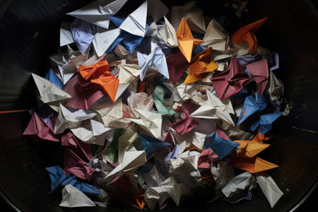 a trash basket shot from above, revealing numerous paper planes within, created with generative aiの素材