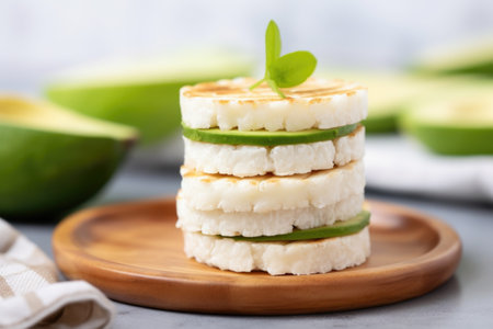 close-up of rice cakes stacked with avocado slices on top, created with generative aiの素材