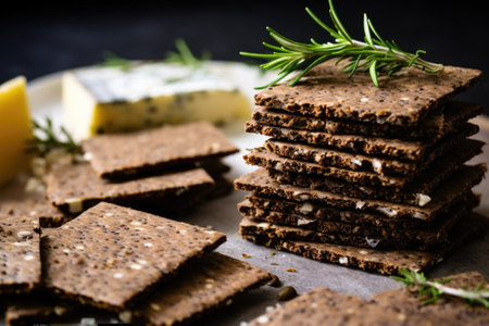 pile of rye crackers with sainte maure cheese slice on top, created with generative aiの素材
