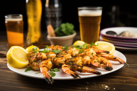 grilled shrimp skewers with herb marinade alongside saison beer, created with generative aiの素材