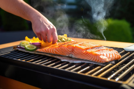 hand flipping salmon steak on a gas grill, created with generative aiの素材