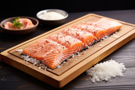 raw salmon steak with grill marks on a board, created with generative aiの素材