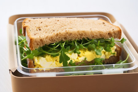 egg and cress sandwich arranged in a rectangular lunchbox, created with generative aiの素材