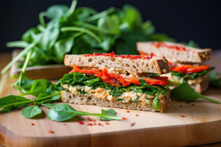 red pepper and hummus vegetarian sandwich with radiant green leaf salad, created with generative aiの素材