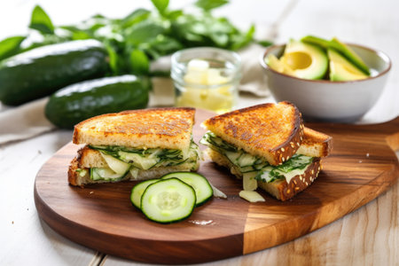 warm grilled cheese sandwich with a side cucumber salad, created with generative aiの素材