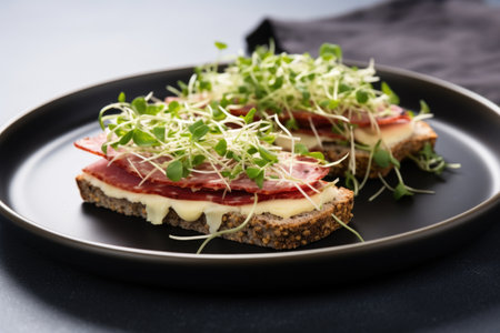 sandwich with microgreens and salami on a grey plate, created with generative aiの素材
