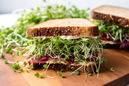 half-eaten sandwich with microgreens spilling out, created with generative aiの素材