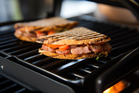 close-up shot of a sausage grilling in a sandwich press, created with generative aiの素材