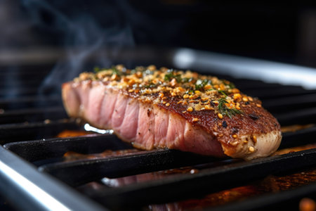 tuna steak seared to medium-rare, slightly cut open, created with generative aiの素材