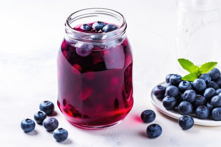 blueberry ice tea in a glass jar with fresh blueberries, created with generative aiの素材