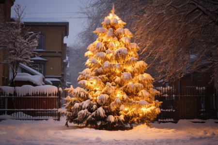 outdoor christmas tree covered in snow, lit up with golden lights, created with generative aiの素材