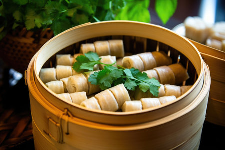 bamboo basket filled with steamed dumplings and parsley pieces, created with generative aiの素材