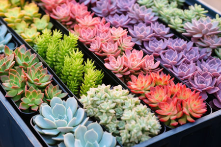 variety of colorful succulents in a tray, created with generative aiの素材