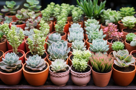 assorted succulents planted in small ceramic pots, created with generative aiの素材
