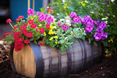 a wooden barrel cut in half planted with colorful flowers, created with generative aiの素材