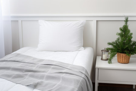 neat bed with plain white duvet and single cushion, created with generative aiの素材