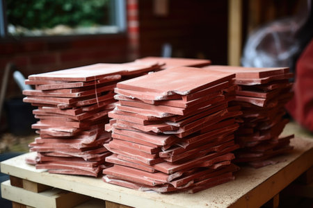 pile of red-brick tiles ready for installation, created with generative aiの素材