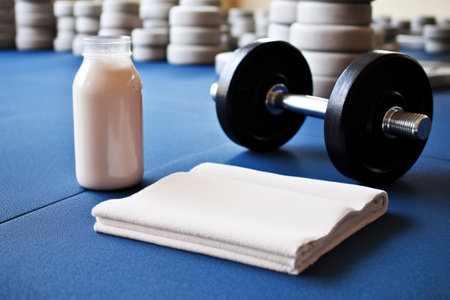 gym weights and a protein shake on a mat, created with generative aiの素材
