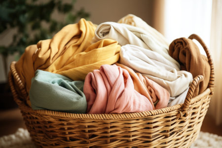 organic cotton textiles folded in a wicker basket, created with generative aiの素材