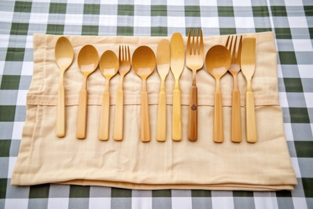 cutlery made of bamboo placed neatly on a flaxen tablecloth, created with generative aiの素材