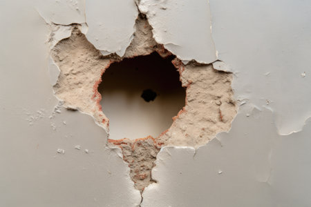 repaired wall patched coin-sized hole without paint, created with generative aiの素材