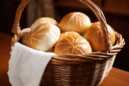 a wicker basket filled with fresh bread rolls, created with generative aiの素材