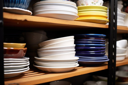 stacked ceramic plates on open shelving, created with generative aiの素材
