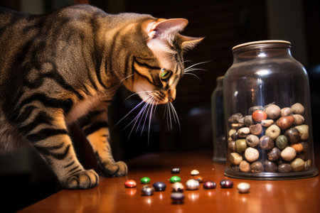 cat examining a jar full of beetles, created with generative aiの素材