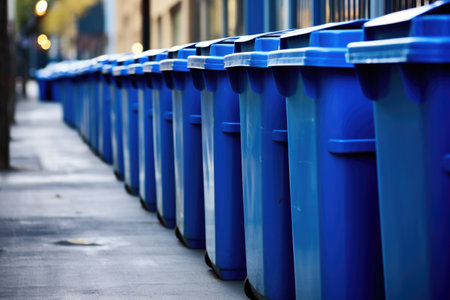 rows of blue recycling bins in a row, created with generative aiの素材