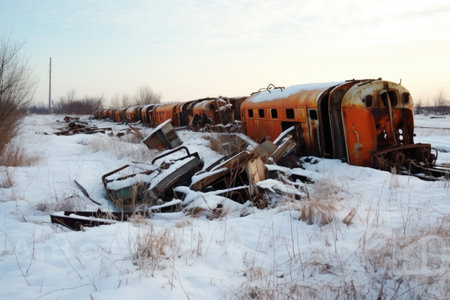 suburban train wreckage in a snow-covered field, created with generative aiの素材