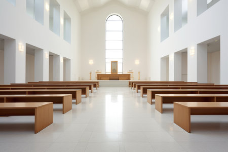 a modern minimalist church interior with unadorned benches, created with generative aiの素材