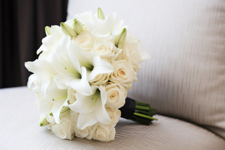 an all-white bridal bouquet with roses and lilies, created with generative aiの素材