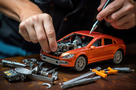 a toy car being fixed with miniature tools, created with generative aiの素材