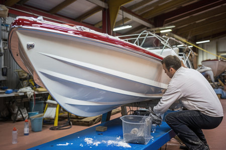 small boat being repaired with waterproof sealant, created with generative aiの素材