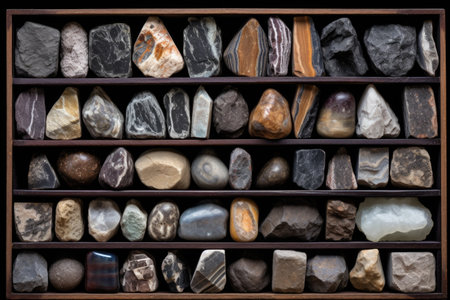 geology rock collection neatly arranged in a box, created with generative aiの素材