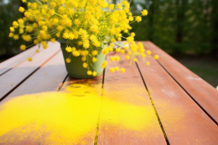 wooden table dusted with coat of yellow pollen, created with generative aiの素材