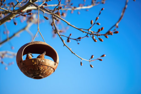 bird feeder hanging from a tree against clear blue sky, created with generative aiの素材
