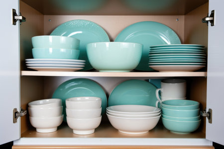set of cups and plates arranged in kitchen cabinet, created with generative aiの素材