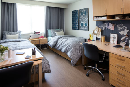 a bedroom with two study areas placed back-to-back, created with generative aiの素材