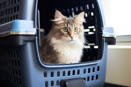 pet carrier for travel beside moving boxes, created with generative aiの素材