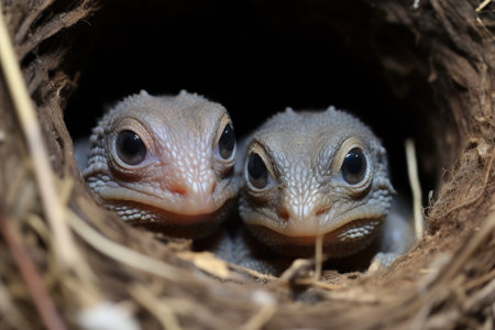 twin iguana hatchlings basking together, created with generative aiの素材
