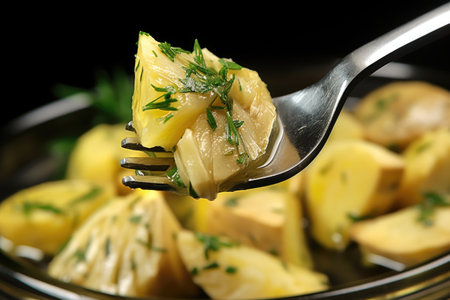 close view of marinated artichoke hearts on a spoon, created with generative aiの素材