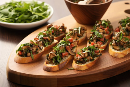 platter with mushroom and arugula bruschetta next to a wooden spoon, created with generative aiの素材
