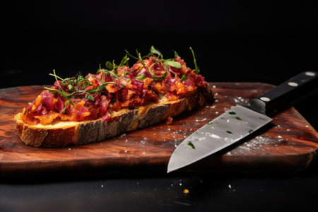a single beetroot bruschetta on a palette-knife, created with generative aiの素材