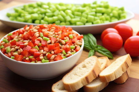 edamame beans and diced tomatoes piled upon fresh baguette slices, created with generative aiの素材