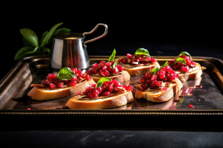 pomegranate bruschetta on top a tin tray with shadows on it, created with generative aiの素材